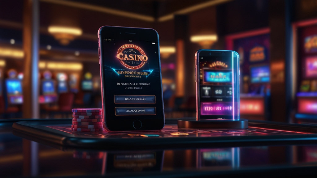Smartphone and tablet displaying casino app login screens in a dark neon casino