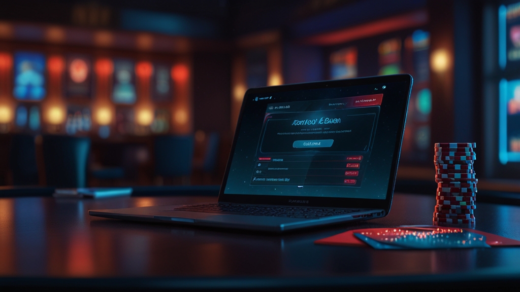 Laptop and phone showing a casino login screen in a dark neon setting