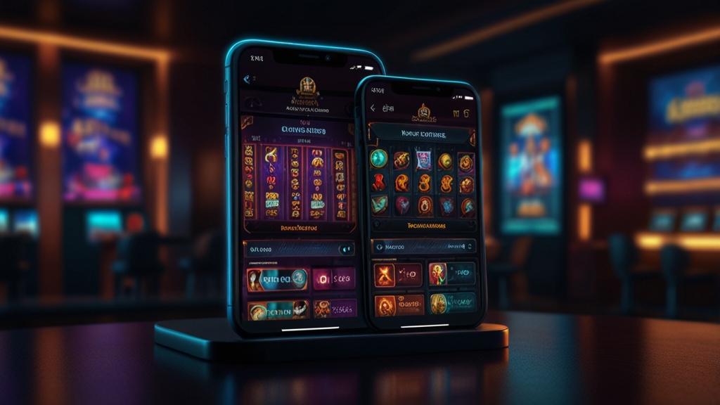 Mobile casino app interface with game tiles and cashier shortcut on a glowing phone