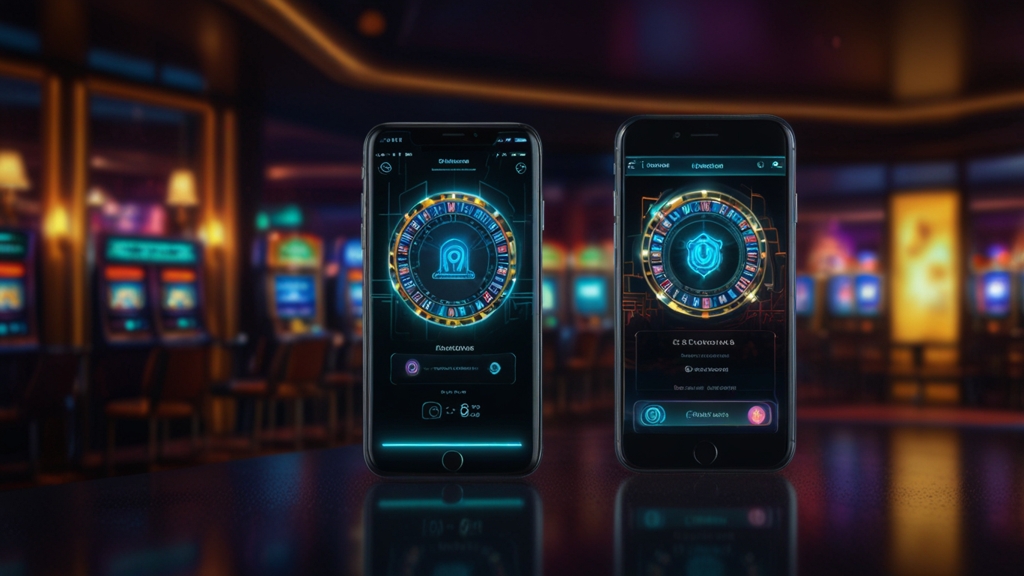 Secure mobile casino login with payment and account icons on a dark neon background
