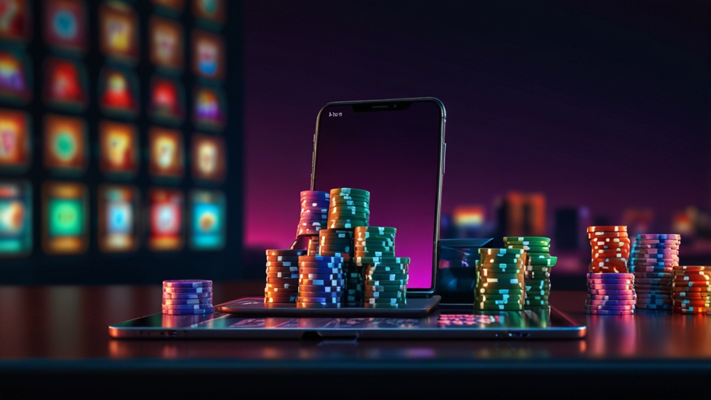 Phone and tablet showing compatibility checks for a casino app on a neon-lit table
