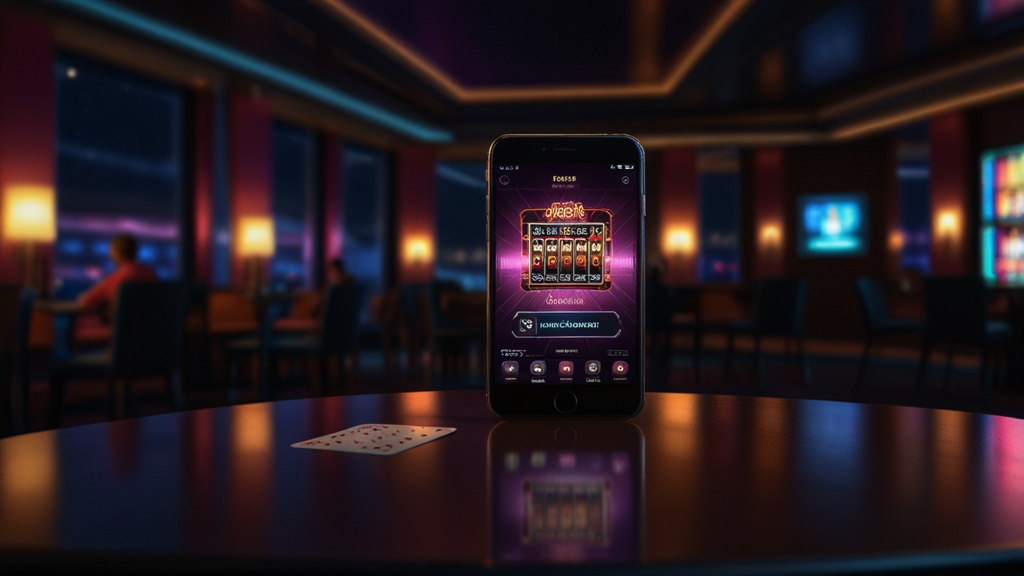 Smartphone showing a casino app download setup on a dark neon-lit table