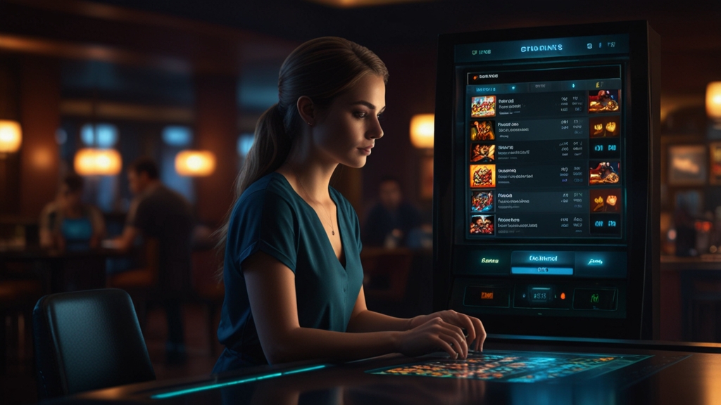 Casino cashier screen with payment options and glowing digital icons