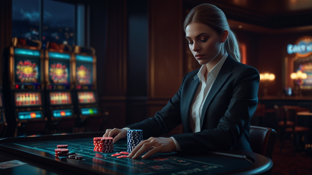A tablet showing a casino registration form in a neon-lit casino scene